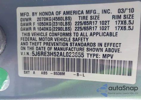 2010 Honda Cr-V Ex z USA, uszkodzony, nr VIN 5J6RE3H52AL023655